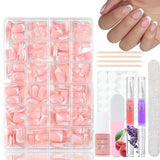 Set 360 de bucăți de unghii false cu balerină în gradient, unghii artificiale cu gradient roz și alb pentru lipire cu 2 bucăți de stilouri cu ulei pentru unghii, unghii false medii ombre pentru femei DIY