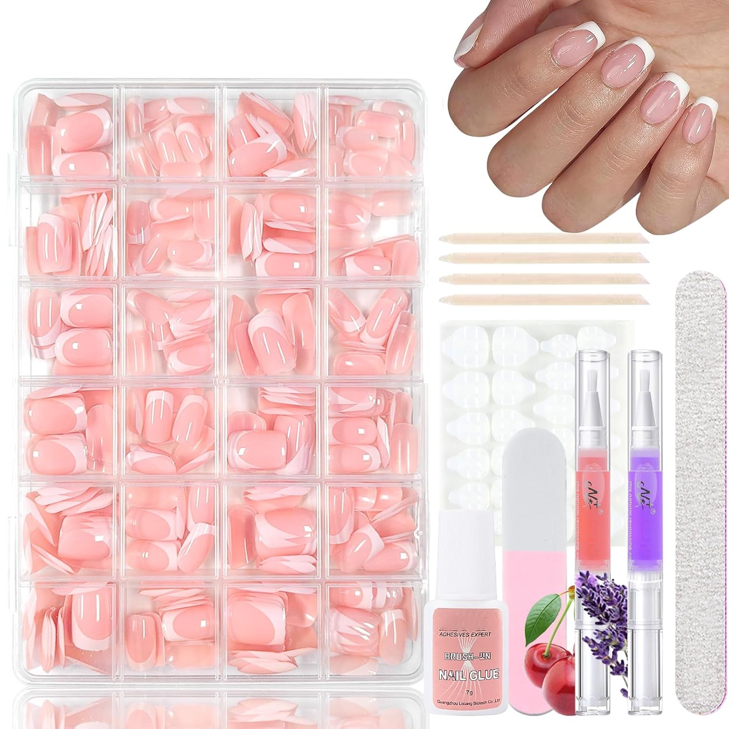 Set 360 de bucăți de unghii false cu balerină în gradient, unghii artificiale cu gradient roz și alb pentru lipire cu 2 bucăți de stilouri cu ulei pentru unghii, unghii false medii ombre pentru femei DIY
