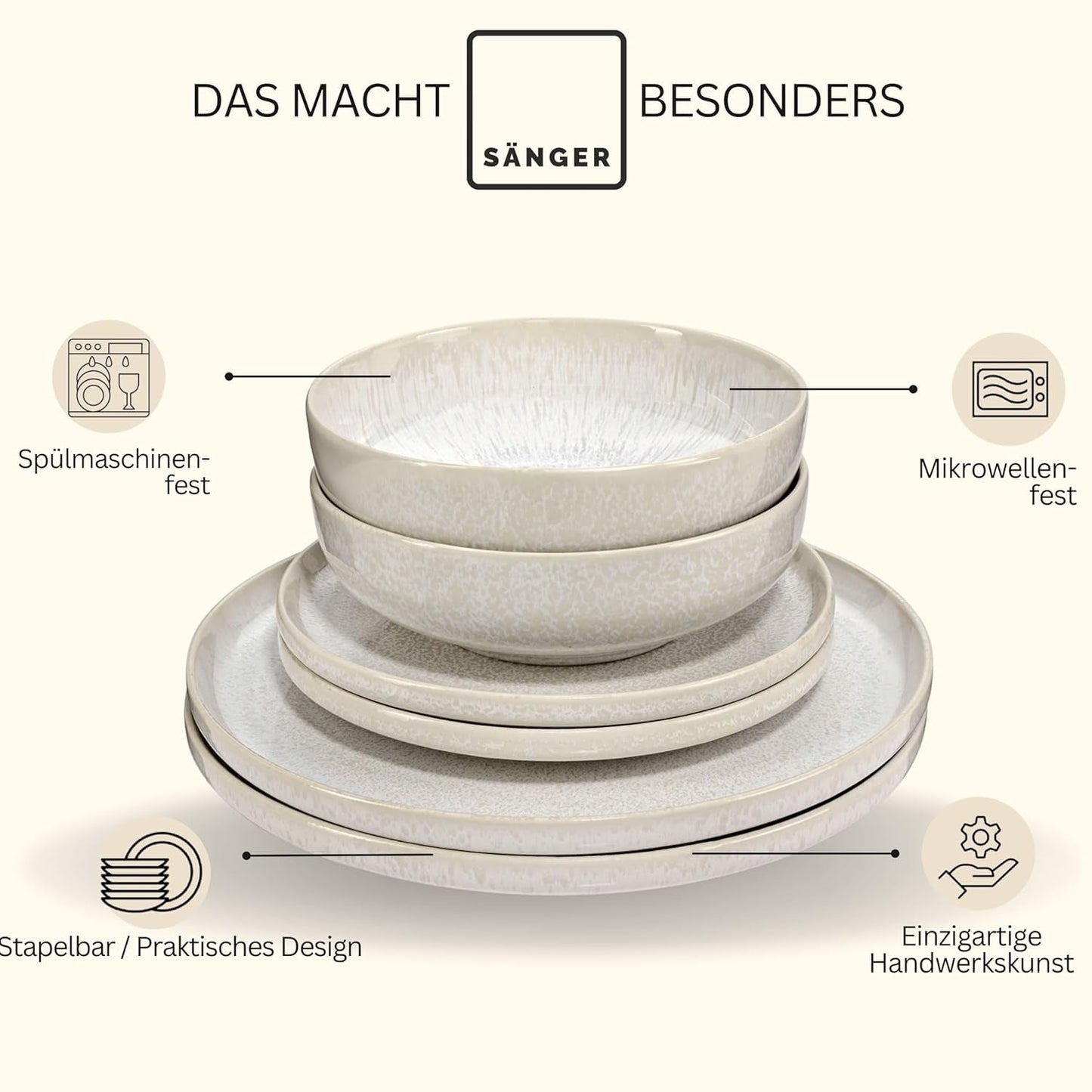 SÄNGER | Set de veselă Corfu cu 24 de piese, serviciu de cină pentru 8 persoane, ceramică lucrată manual, set de farfurii care include farfurii de cină, farfurii de desert și farfurii de sumă, veselă de culoare crem cu textură nisipoasă