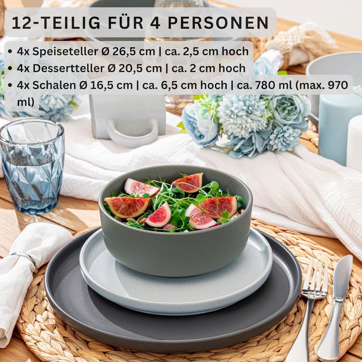 SÄNGER Leeds | Set de veselă din gresie, format din 12 piese, set de farfurii pentru 4 persoane, set de farfurii pentru cină (4 farfurii de cină, 4 farfurii de desert, 4 boluri), veselă colorată, rezistentă la zgârieturi | COLECȚIA VALUE