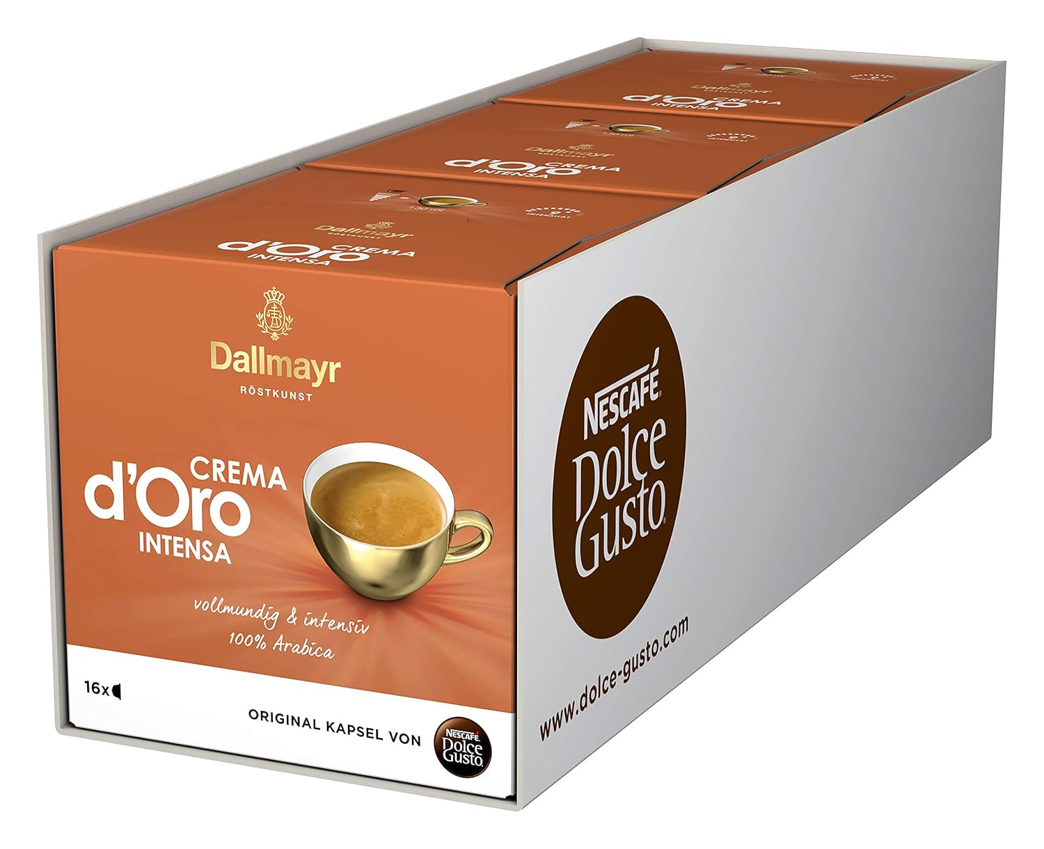 Dallmayr Crema d´Oro, XXL-Vorratsbox & Dallmayr Crema d´Oro intensa (48 Kaffeekapseln, Intensität 9 von 12, 100% Arabica-Bohnen), 3er Pack (3x16 Kapseln)