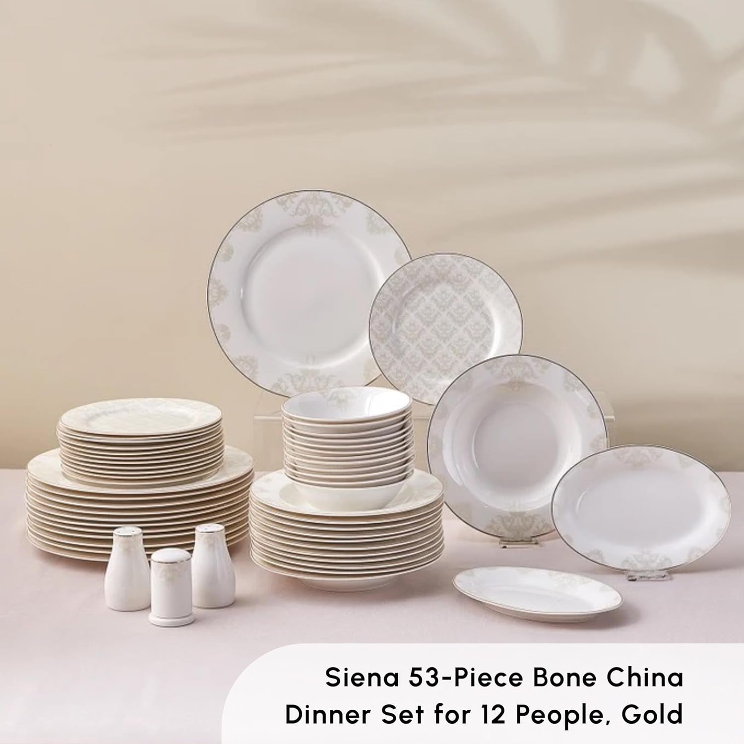 Karaca Elegance Bone Siena - set de veselă pentru 12 persoane, set modern de farfurii din porțelan, set de veselă cu boluri pentru supă, platou de servire, farfurii adânci, farfurii pentru desert - alb și auriu