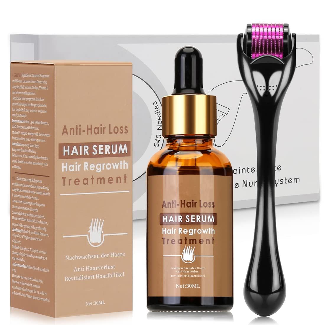 Dermaroller Set 0.5mm Microneedling Skin Roller cu ser de creștere a părului, anti-pierdere a părului, 30ML , Căderea părului și tratamentul părului Ingrijirea parului Naty Shop Titlu implicit