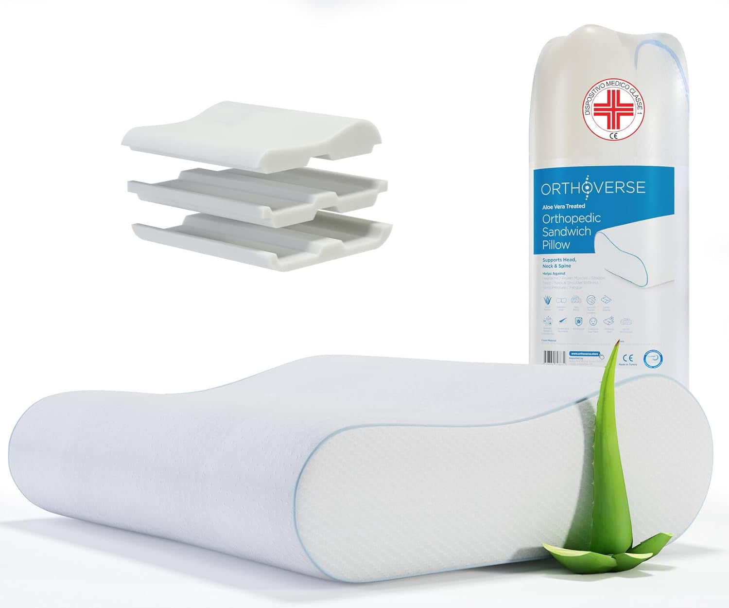 ORTHOVERSE pernă ortopedică - pernă de susținere a gâtului, pernă de dormit, pernă, pernă din spumă cu memorie, pernă, pernă pentru dureri de gât - înălțime reglabilă, acoperire aloe vera, ajutor medical Perne ortopedice cervicale Naty Shop 1
