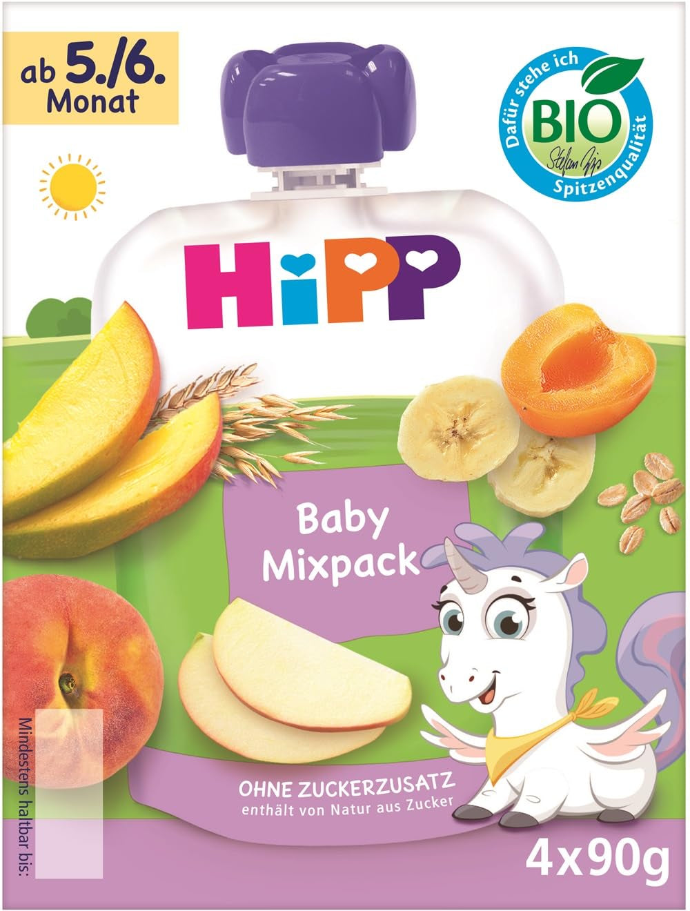 Pliculețe comprimabile organice HiPP, pachet mixt, 16 bucăți (4 pachete a câte 4 x 90 g fiecare), pentru bebeluși de la 5/6 luni, patru arome delicioase, fără zahăr adăugat, de cea mai bună calitate organică
