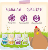 MjAMjAM – Hrană umedă premium pentru pisici - Pachet Wellness cu pui, pachet de 12 (12 x 125 g), fără cereale cu carne suplimentară