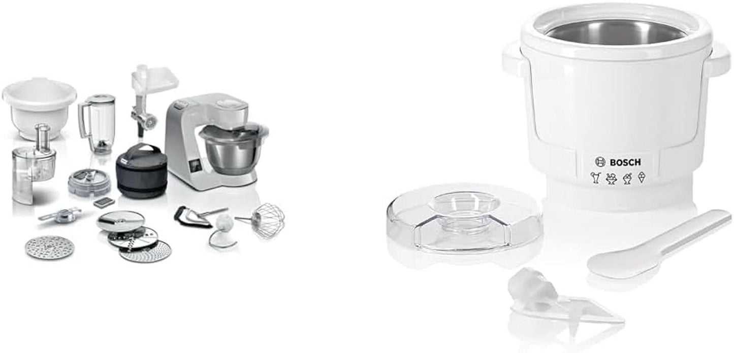 Robot de bucătărie Bosch Seria 4 MUM5X720, cântar integrat, bol din oțel inoxidabil 3.9L, mixer 1.25L, 1000W Accesorii Hrana si Alaptare Bebe Naty Shop Pachet cu mașină de făcut gheață Gri Argintiu 6 accesorii