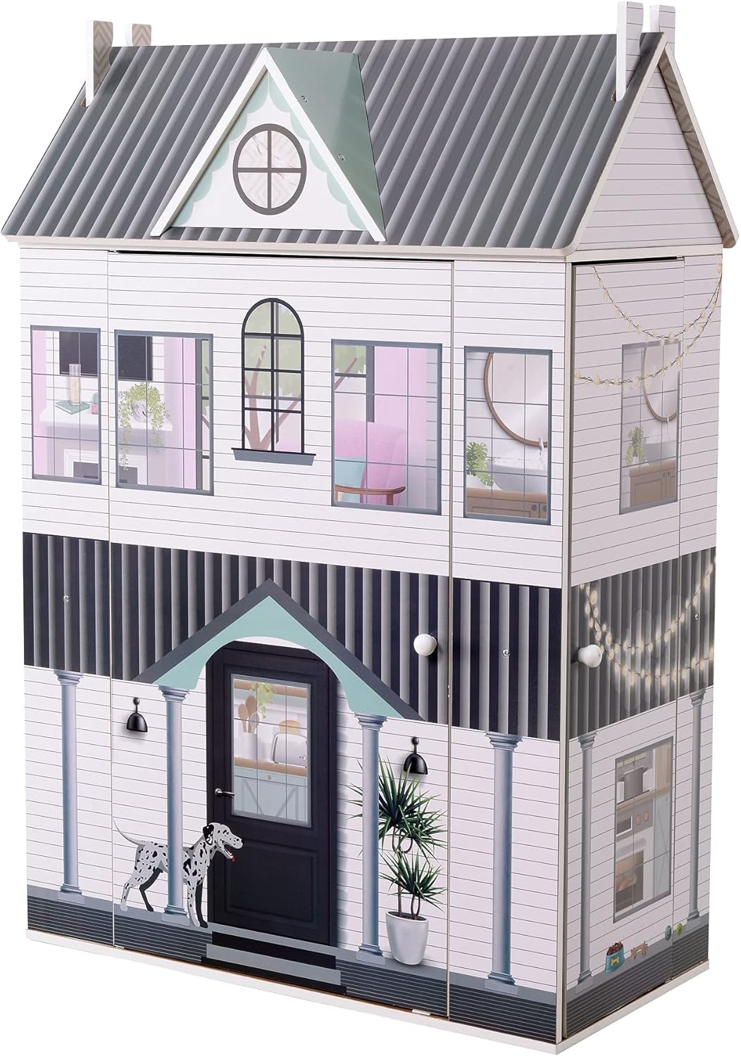Casă de păpuși interactivă din lemn pentru copii, Olivia's Little World, Dreamland, cu 3 etaje și 13 accesorii pentru mobilier de păpuși, albă, TD-13632A