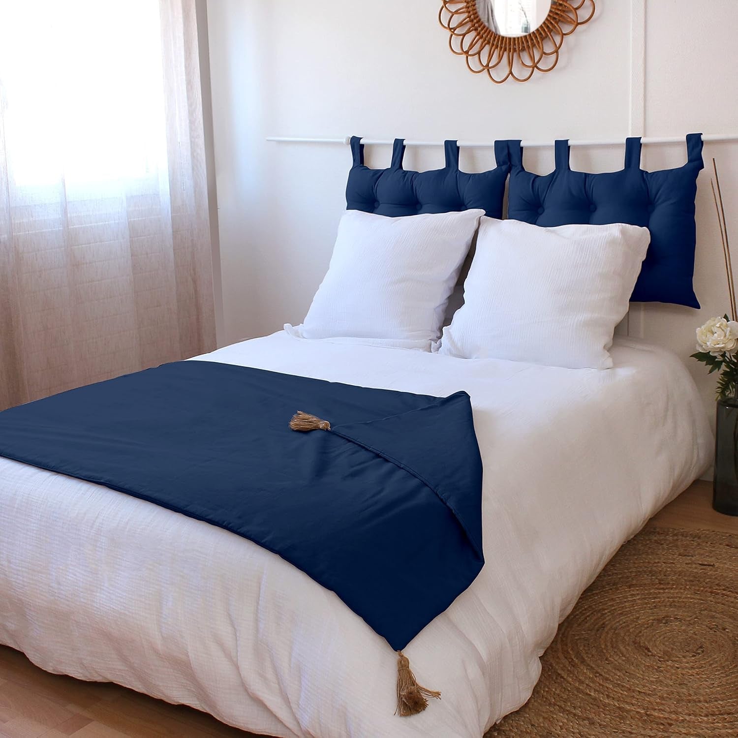 Enjoy Home - Colecția Panama - Plapumă cu 4 ciucuri de iută - 100% bumbac - Certificat Oeko-Tex - 90 X 190 Cm - Culoare: Albastru marin Plapumi si pilote Naty Shop Titlu implicit
