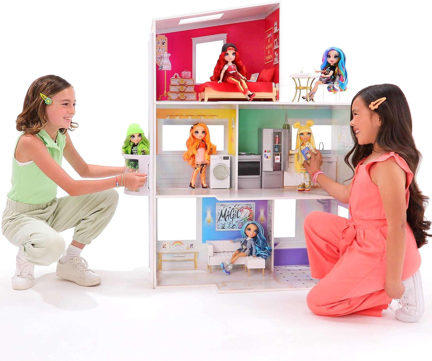 Rainbow High Townhouse - 3-Stöckiges Holzpuppenhaus mit 5 Bunten Zimmern & Terrasse - Komplett Eingerichtetes Haus mit Funktionierendem Lift und Zubehör - Spielzeug für Kinder von 4 bis 12+ Jahren