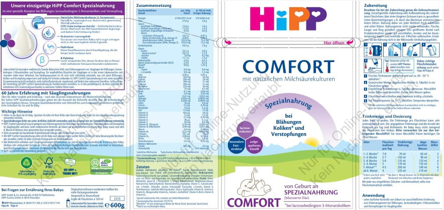 Formula specială HiPP Comfort (4 x 600 g), de la naștere, cu conținut redus de lactoză, pentru gestionarea dietetică a colicilor, balonării și constipației