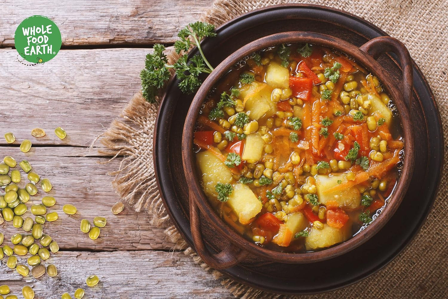Fasole mung organică Wholefood Earth 2kg | Fără OMG | Vegană | Bogată în fibre | Bogată în proteine | Certificată organică