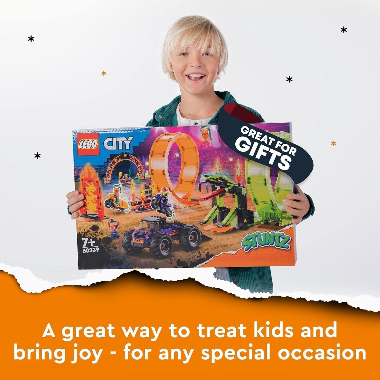 LEGO 60339 City Stuntz Stuntz Show Double Looping Set, Incl. rampă, monster truck, 2X motocicletă și 7 minifigurine, jucărie pentru copii cu vârsta peste 7 ani Seturi de constructie Besuche den LEGO-Store
