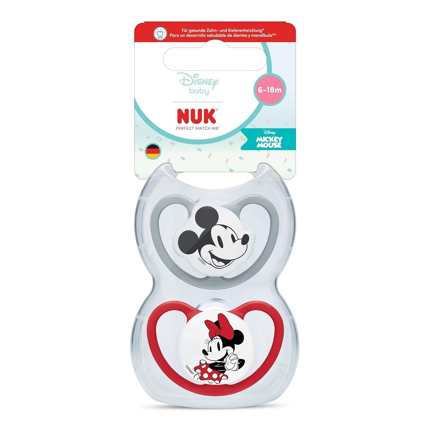 Suzete NUK Perfect Match Air pentru bebeluși | 6-18 luni | Suzete ortodontice care promovează circulația aerului și previn erupțiile cutanate cauzate de salivație | Acceptare 95% de către bebeluși** | Disney Minnie Mouse | Pachet de 2