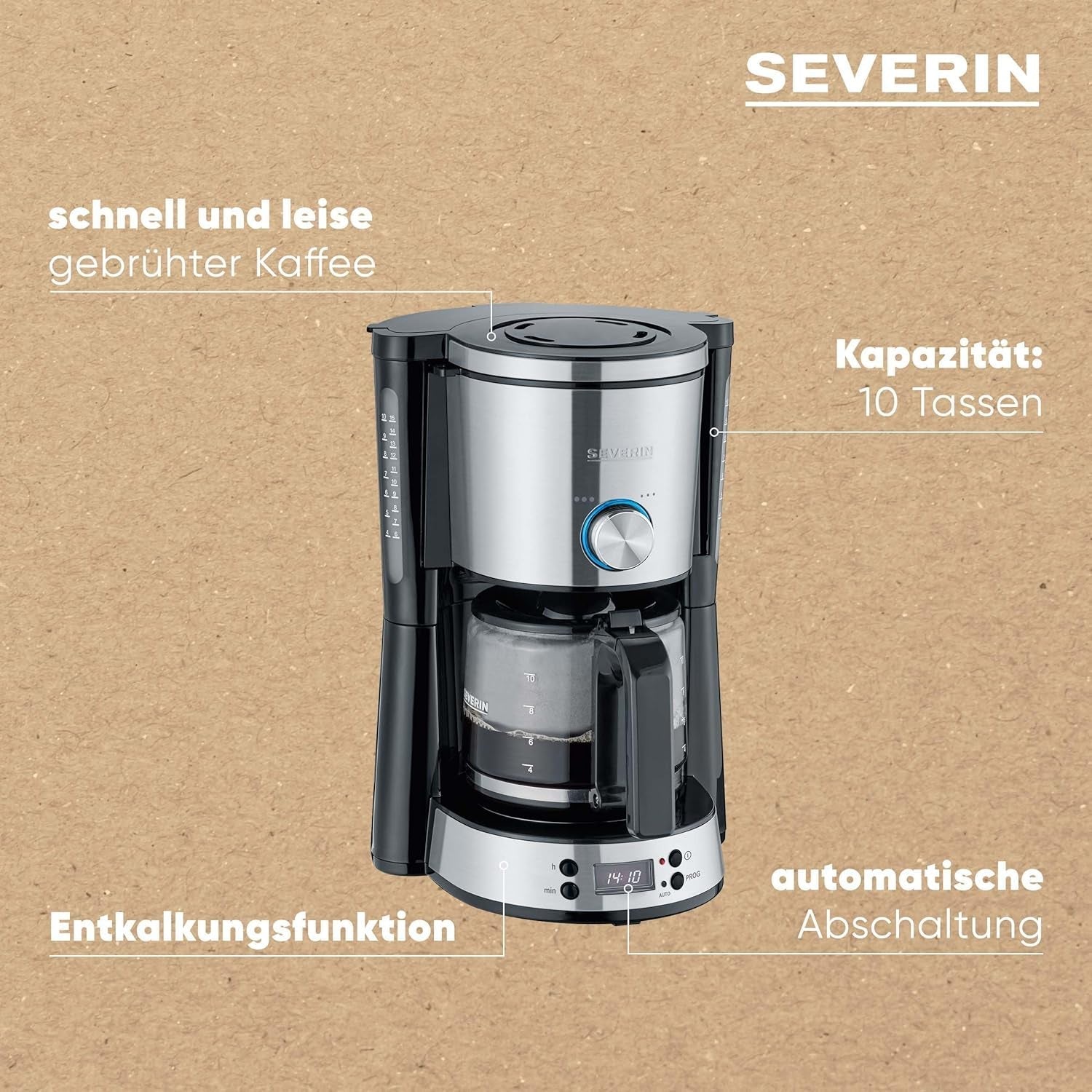 Espressor SEVERIN „TypeSwitch” cu carafă de sticlă și cronometru, AromaSwitch pentru alegerea a 2 opțiuni de preparare, ceas digital cu funcție de cronometru, pentru până la 10 cești, 1000W, oțel inoxidabil periat-negru, KA 4826