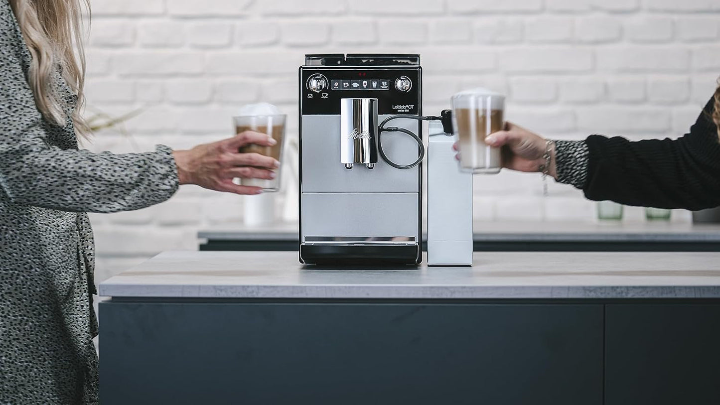 Melitta Latticia OT - Espressor complet automat cu sistem de lapte, espressor cu râșniță pentru, de exemplu, cafea sau cappuccino, argintiu/negru