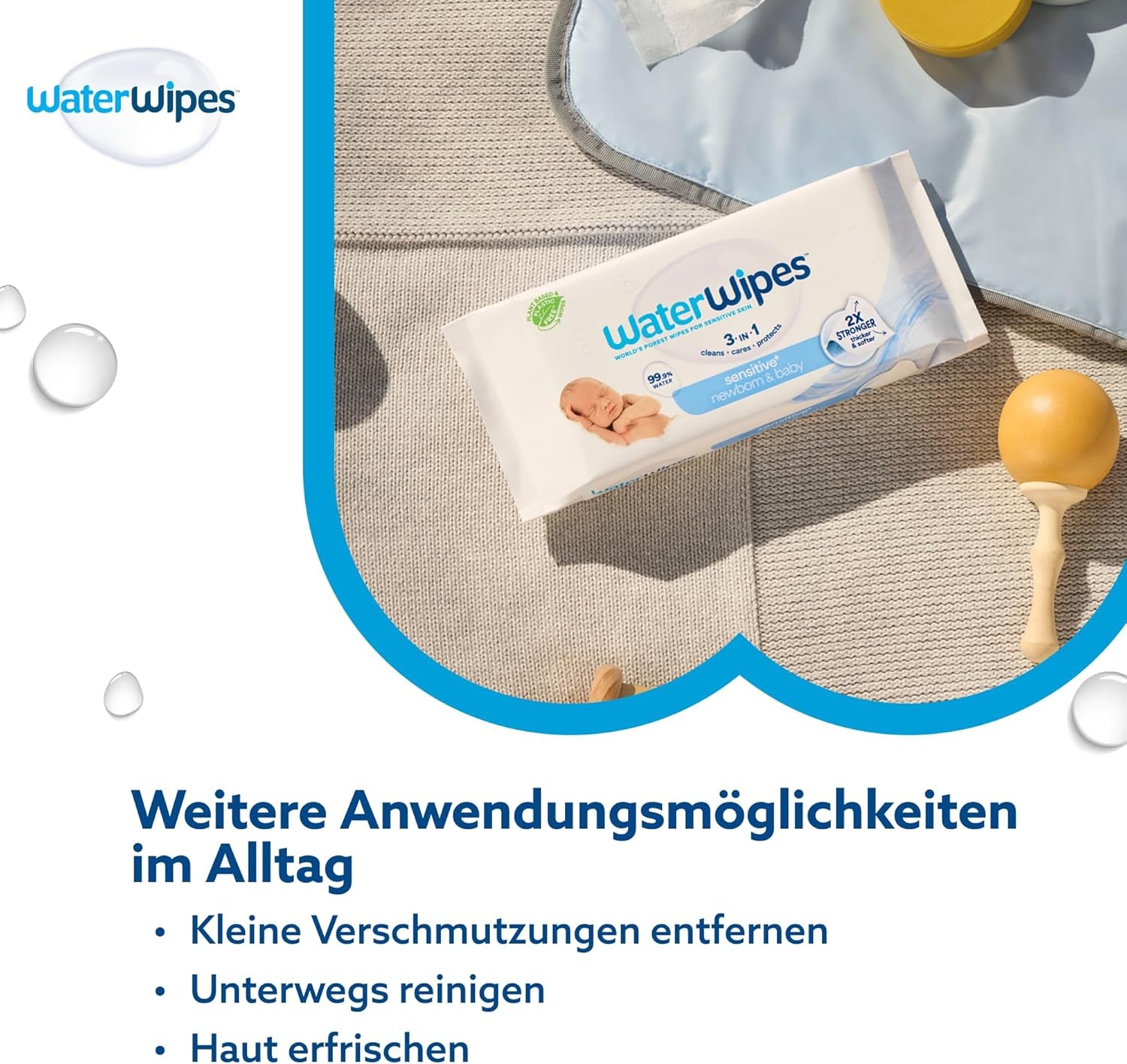 Șervețele umede WaterWipes Sensitive+ pentru nou-născuți și bebeluși, 360 bucăți (6 pachete), curățare, îngrijire, protecție 3 în 1, 99,9% apă, fără parfum