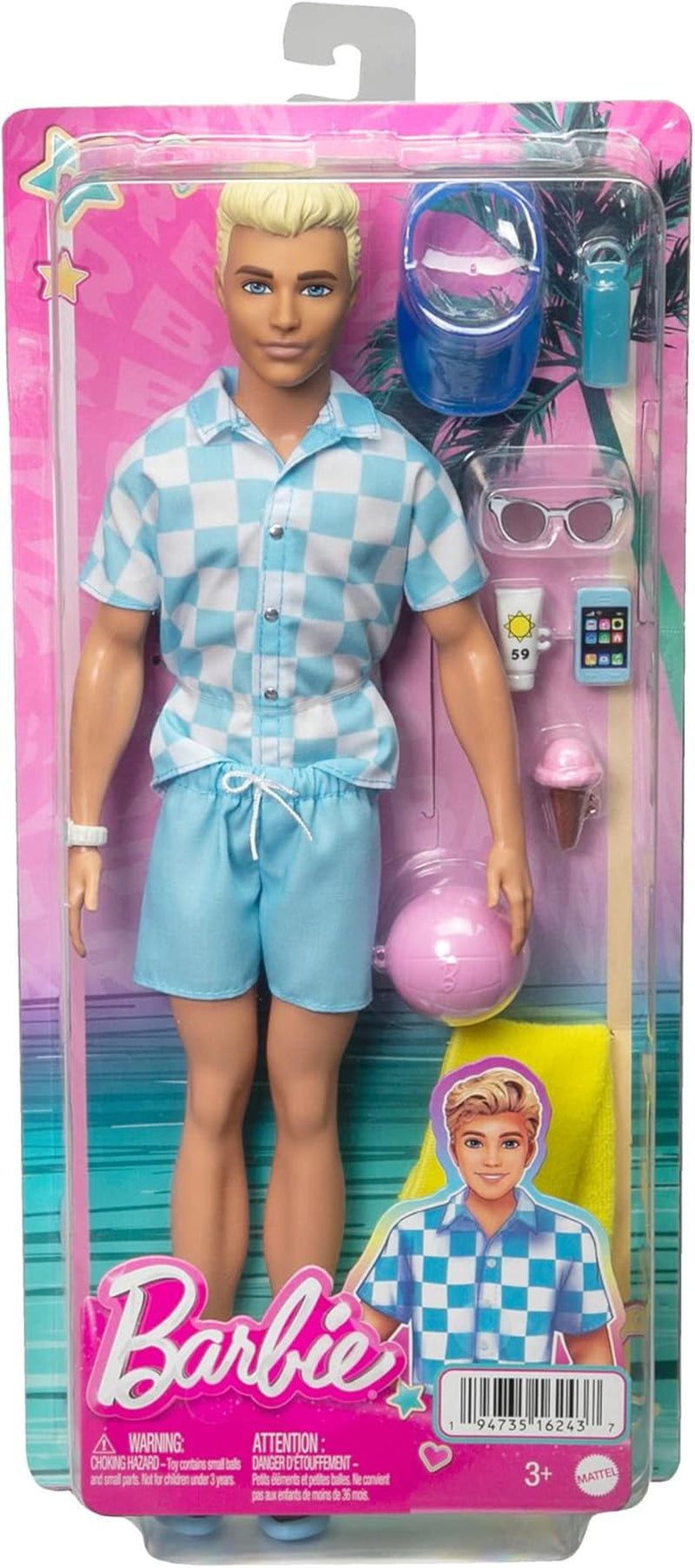 Barbie Ken - Păpușă blondă cu cămașă albastră și șorț de baie, accesorii de plajă și minge de plajă pentru joacă creativă, pentru copii cu vârsta de 3 ani și peste, HPL74