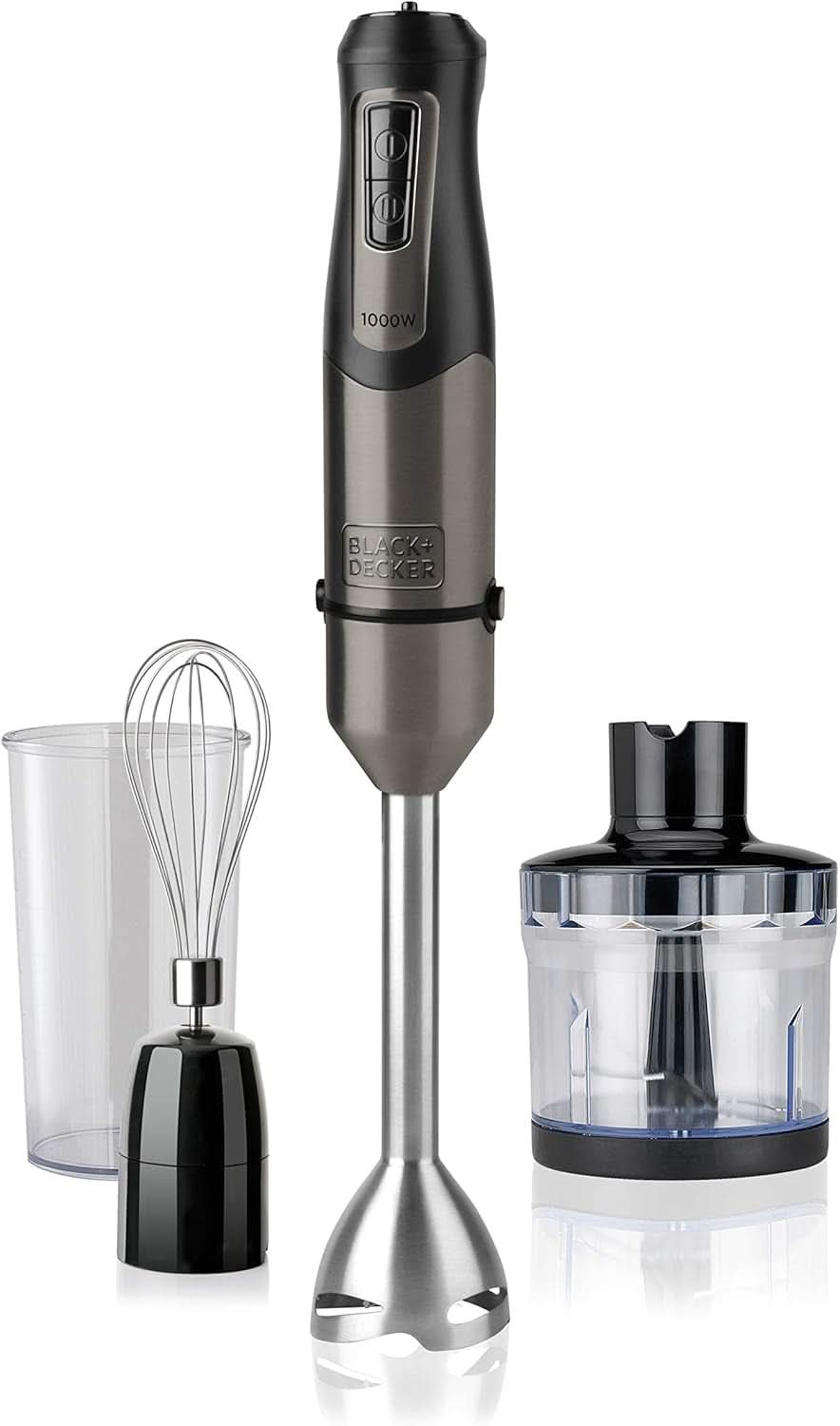 BLACK+DECKER Stabmixer | BXHBA1500E | 1500 Watt | 20 Geschwindigkeiten | Turbo | Edelstahl | Spritzschutz | Inklusive Pürieraufsatz, Schneebesen, Zerkleinerer Und Messbecher Bucatarie Naty Shop Single 3 Zubehörteile 1000W