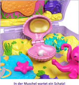 Cutie de depozitare Polly Pocket, geantă cu scoici și temă subacvatică, cu 2 păpuși și 1 submarin, jucărie sirenă Polly Pocket, jucărie pentru vârste de 4 ani și peste, GNH11