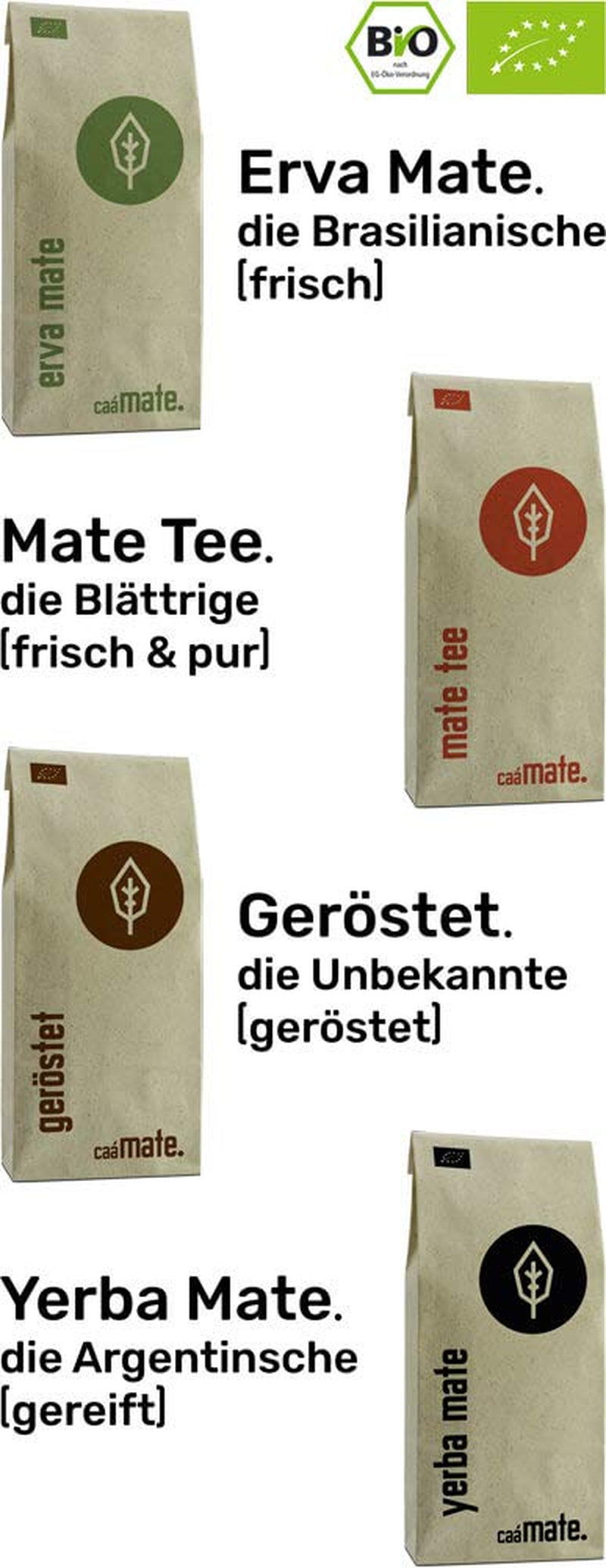 Set de degustare ceai Mate ● 4 sortimente de ceai Mate bio ● Câte 100 g Erva Mate + Yerba Mate + Ceai verde Mate + Ceai Mate prăjit