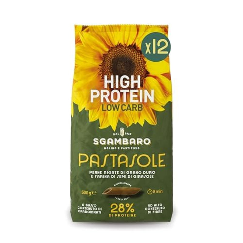 PASTASOLE , Penne Rigate mit Hartweizengrieß aus 100% italienischem Anbau und Sonnenblumenkernmehl - 500g - High Protein, Low Carb, Hoher Ballaststoffgehalt