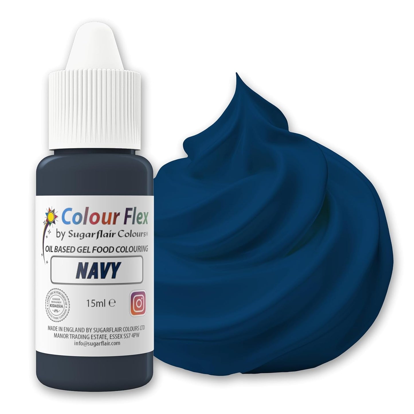 Colorant alimentar pe bază de ulei Sugarflair Colourflex, albastru marin, colorant alimentar lichid foarte concentrat, colorant alimentar pentru cremă de unt, ciocolată, aluat, fondant, glazură și multe altele - 15 ml
