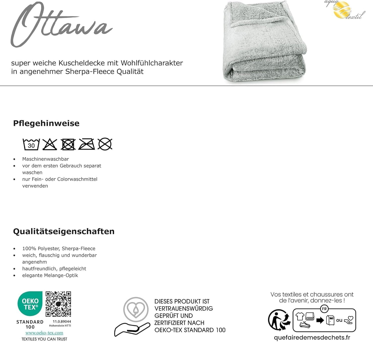 Aqua-Textil Fluffy cuddly pătură 150 X 200 Cm Gri Alb Melange Plush TV pătură Bedspread Sherpa Fleece Oeko-Tex Ottawa Paturi si Cuverturi Besuche den aqua-textil-Store