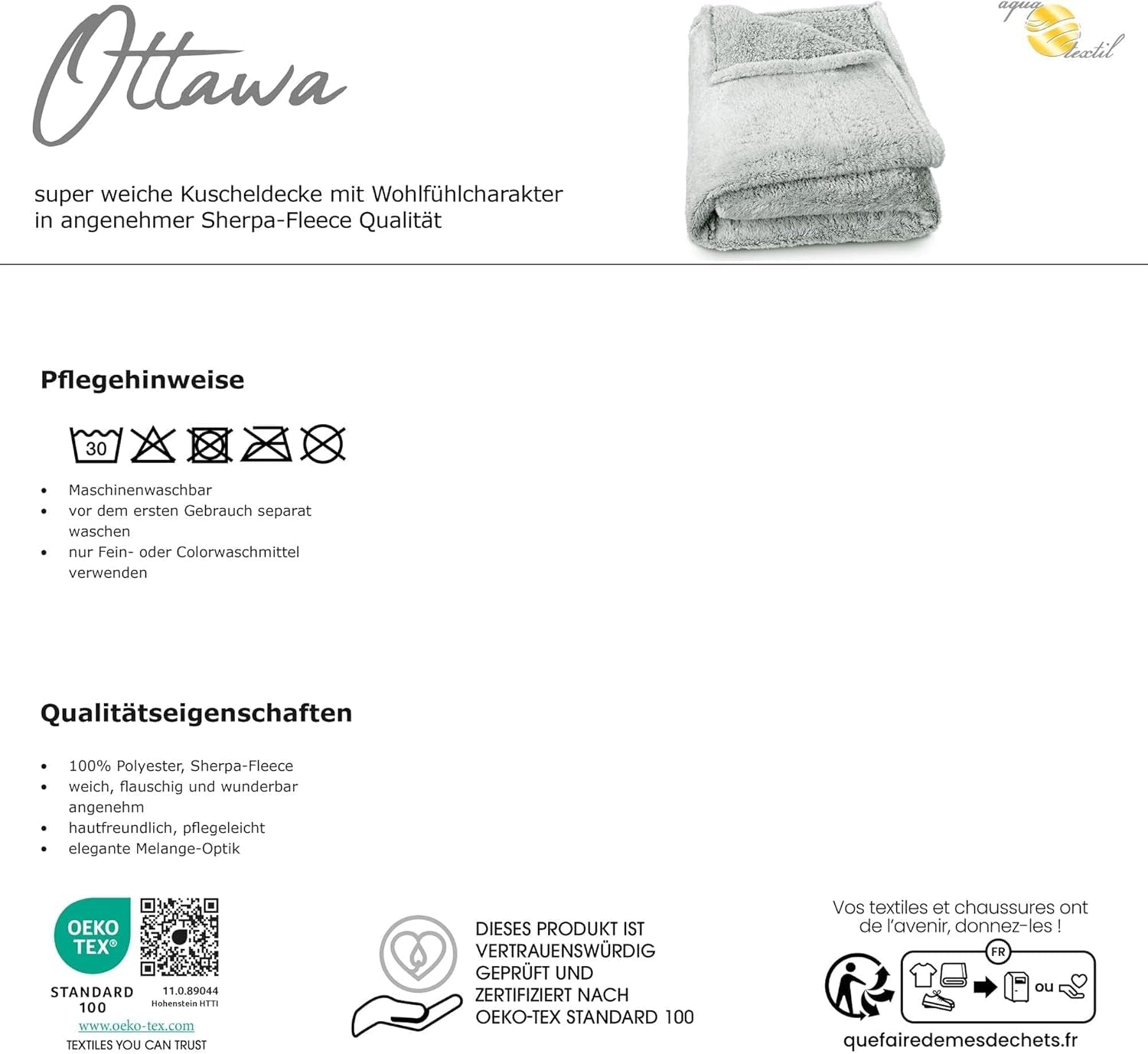Aqua-Textil Fluffy cuddly pătură 150 X 200 Cm Gri Alb Melange Plush TV pătură Bedspread Sherpa Fleece Oeko-Tex Ottawa Paturi si Cuverturi Besuche den aqua-textil-Store