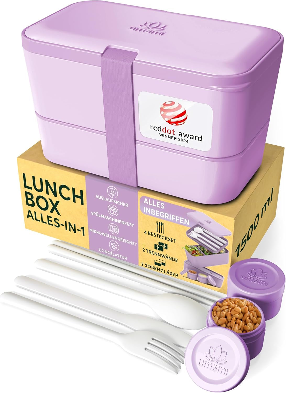 Cutie de prânz Umami pentru adulți, cutie bento stivuibilă etanșă cu 4 tacâmuri și compartimente, cutie de prânz pentru adulți, recipient pentru salată to-go, cutie de prânz pentru picnic / birou, gri cărbune, 1500 ml Cutii depozitare alimente Naty Shop Lavanda violet L - 1500 Ml Stivuibile unul în celălalt