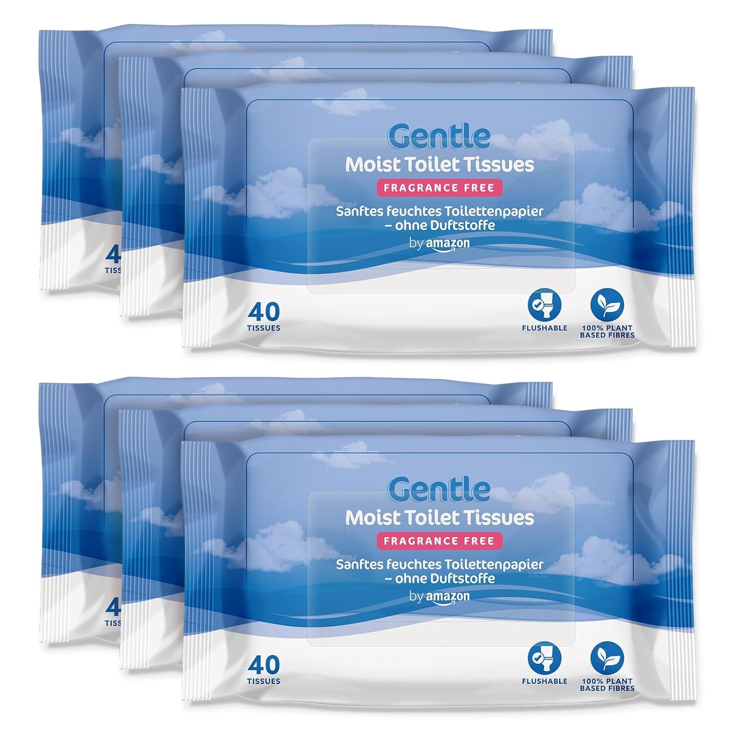 By Amazon Șervețele de toaletă moi, umede, fără miros, fine pentru a trage apa, neparfumate, 240 bucăți (6 pachete a câte 40 bucăți fiecare) (Fostul brand Presto!)