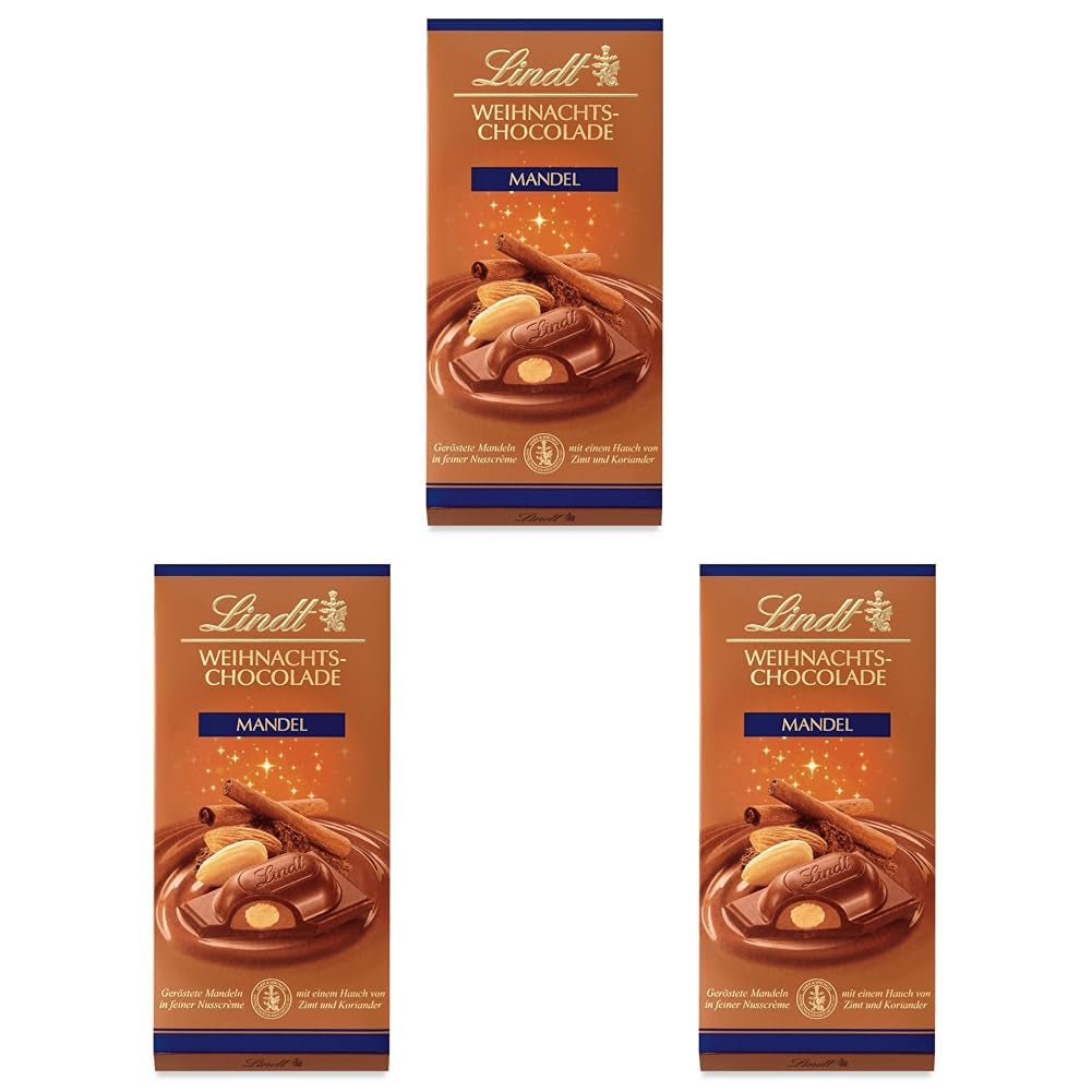 Baton de ciocolată Lindt cu migdale de Crăciun | 100 g | Migdale în cremă de nuci acoperite cu cea mai fină ciocolată cu lapte | Cadou de ciocolată de Crăciun