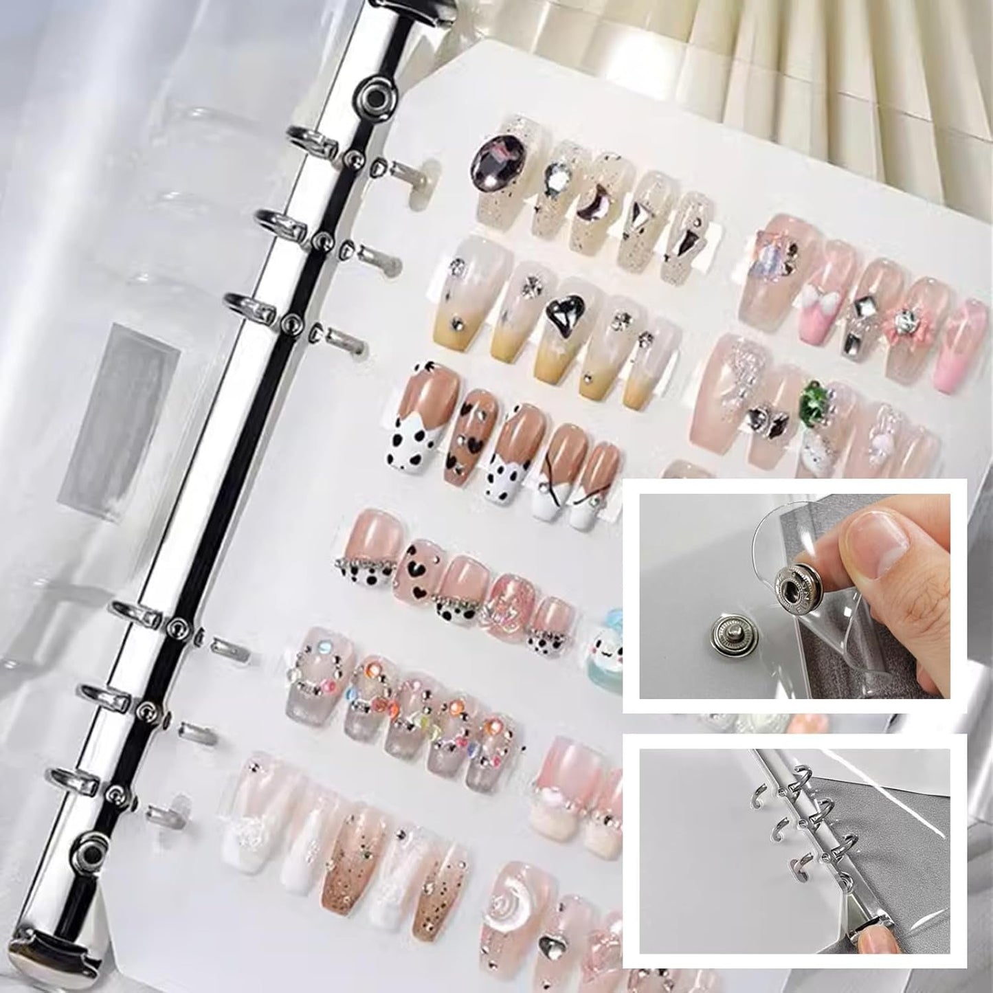 Set organizator unghii A5 cu sistem de închidere cu capse și foi detașabile – Cutie transparentă robustă + 6 tampoane adezive și carte de depozitare detașabilă pentru unghii artificiale/adezive – Ideal pentru depozitare, prezentare