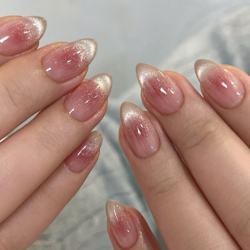 Mouyouglow Unghii False Magnetice Scurte, Roz Migdala Roșu Gradient Sclipici Cat Eye cu Lipici, Unghii Artificiale Roz Roșu Ombre Sclipici Fototerapie Pentru Femei și Fete