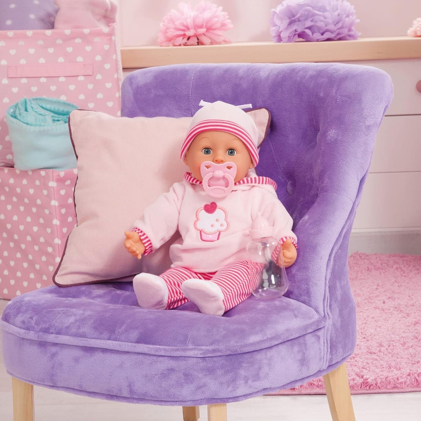 Păpușă First Words cu ochi adormiți, vorbește 24 de sunete de bebeluș, cu păpușă și biberon, 38 cm, roz/stripes Papusi Naty Shop