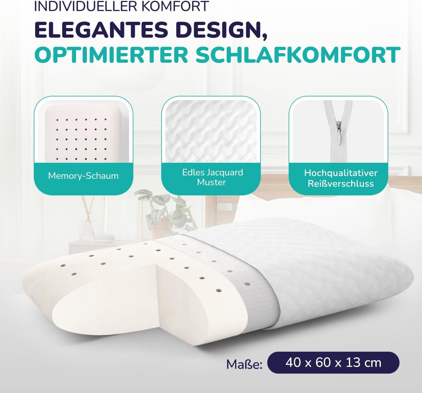 Pernă ortopedică pentru gât ZenPur 40x60-13cm, pernă pentru cap din spumă cu memorie - pernă ergonomică pentru somn, pentru gât și umeri, certificată Oeko-TEX