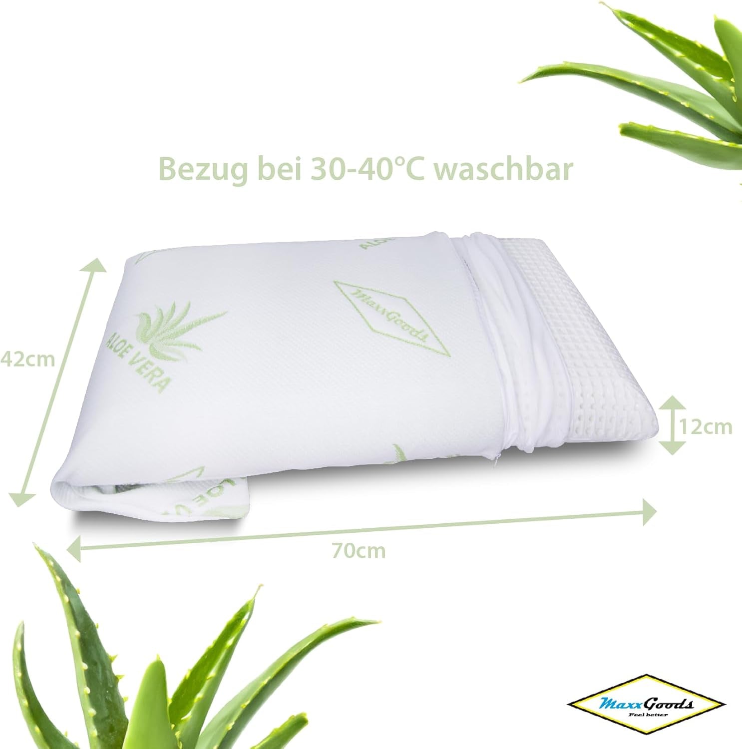 Maxxgoods pernă ortopedică, pernă de susținere a gâtului din spumă visco gel cu capac de protecție aloe vera și capac interior 100% bumbac - pernă pentru dormit pe stomac, spate și lateral (42Cm X 70Cm X 12Cm) Perne ortopedice cervicale Naty Shop