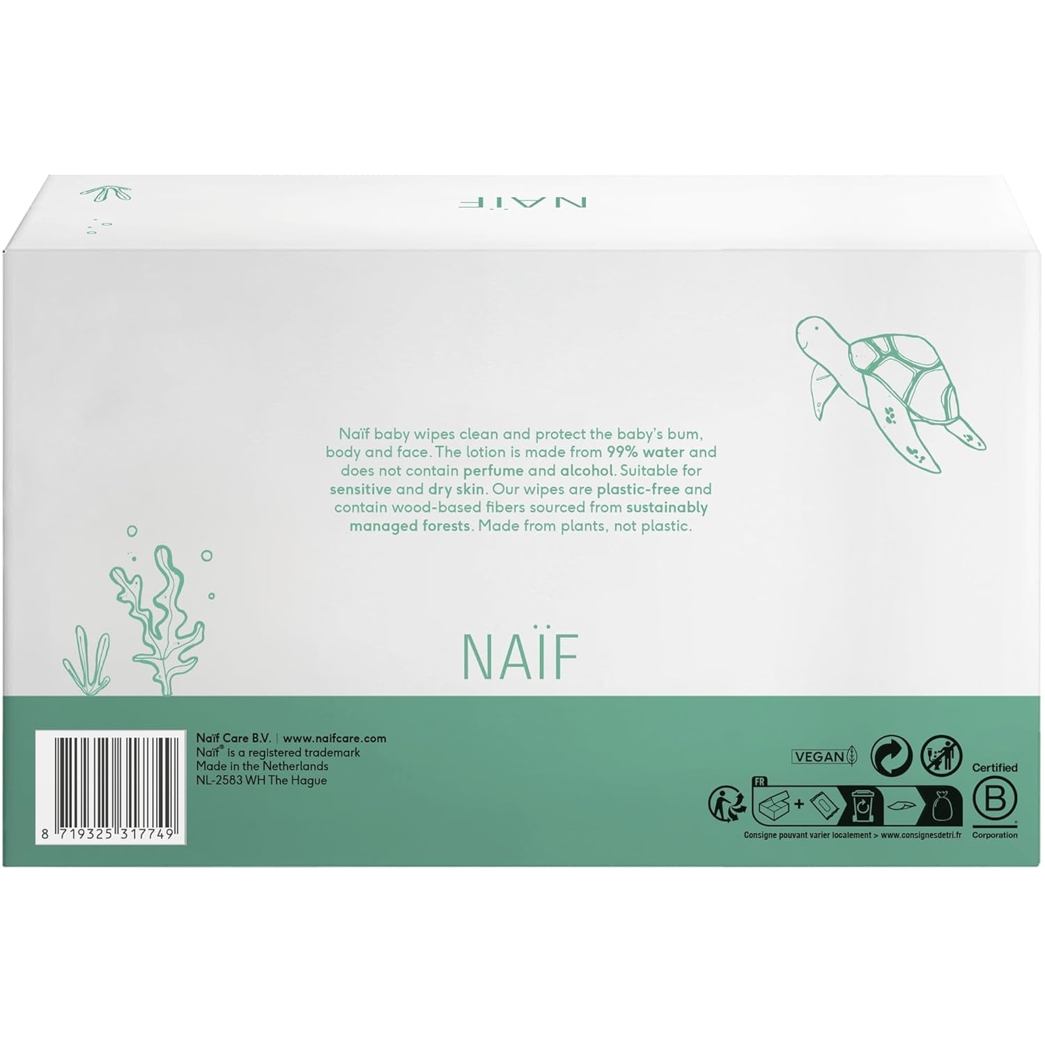 Naïf - Șervețele umede fără plastic - 1296 bucăți (24 bucăți X 54 șervețele umede) - Îngrijire pentru fundul, corpul și fața bebelușului - 99% apă - 0% parfum și alcool