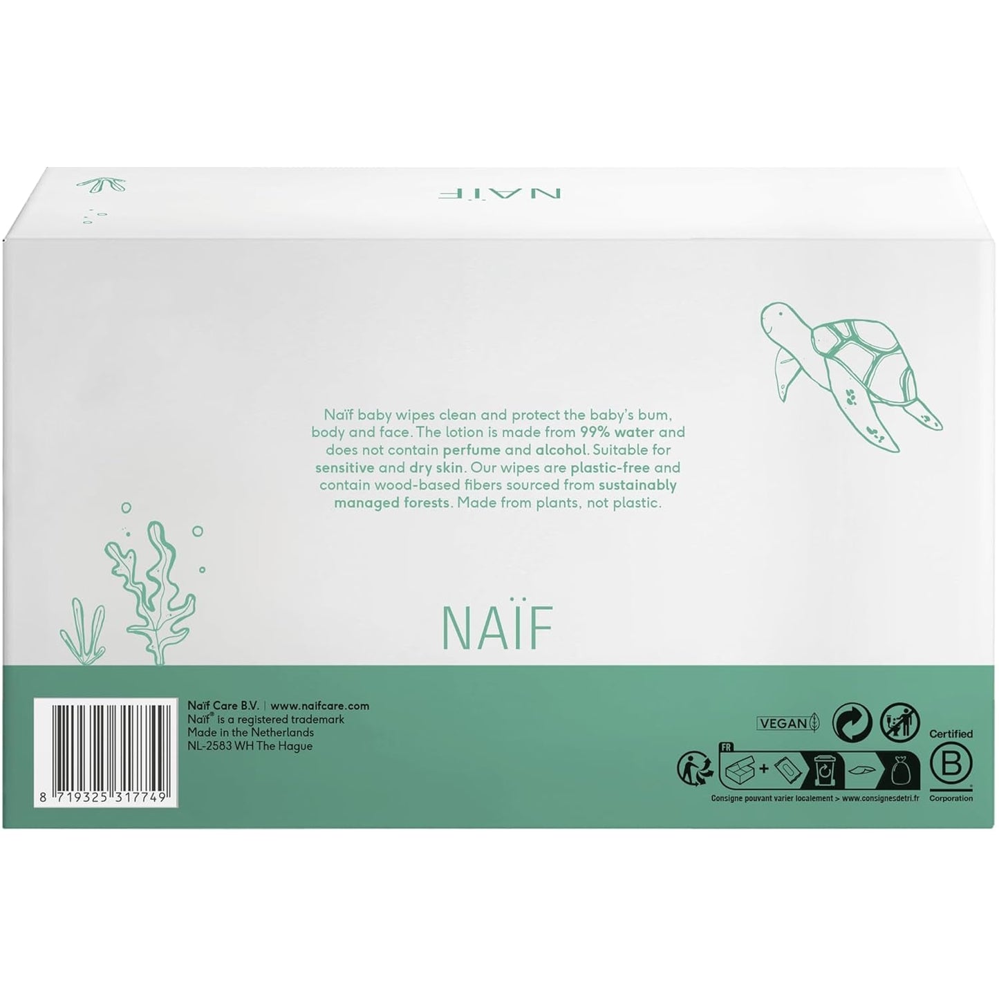 Naïf - Șervețele umede fără plastic - 864 bucăți (16 pachete a câte 54 de șervețele) - Îngrijire pentru fundulețul, corpul și fața bebelușului - 99% apă - 0% parfum și alcool