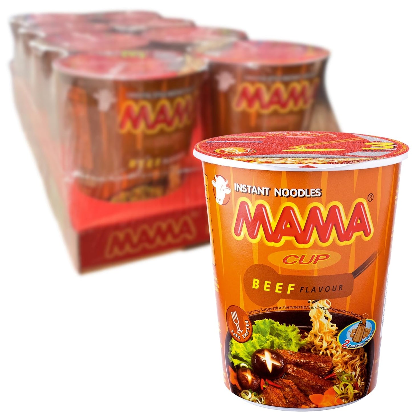 MAMA - Tăiței instant cu carne de vită în cupe - Pachet multiplu (8 x 70 g)