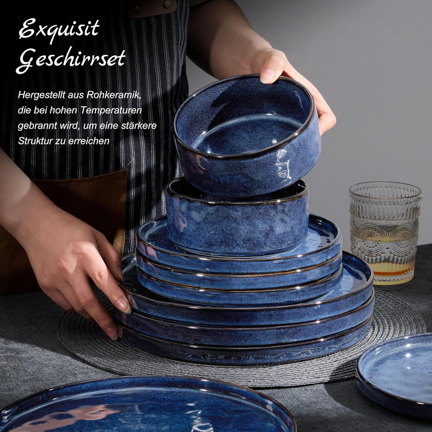 Set de veselă Homikit, set de veselă cu 12 piese pentru 4 persoane, serviciu de cină combinat cu farfurii, farfurii de desert și boluri pentru cereale, potrivit pentru cuptorul cu microunde și mașina de spălat vase, albastru elegant
