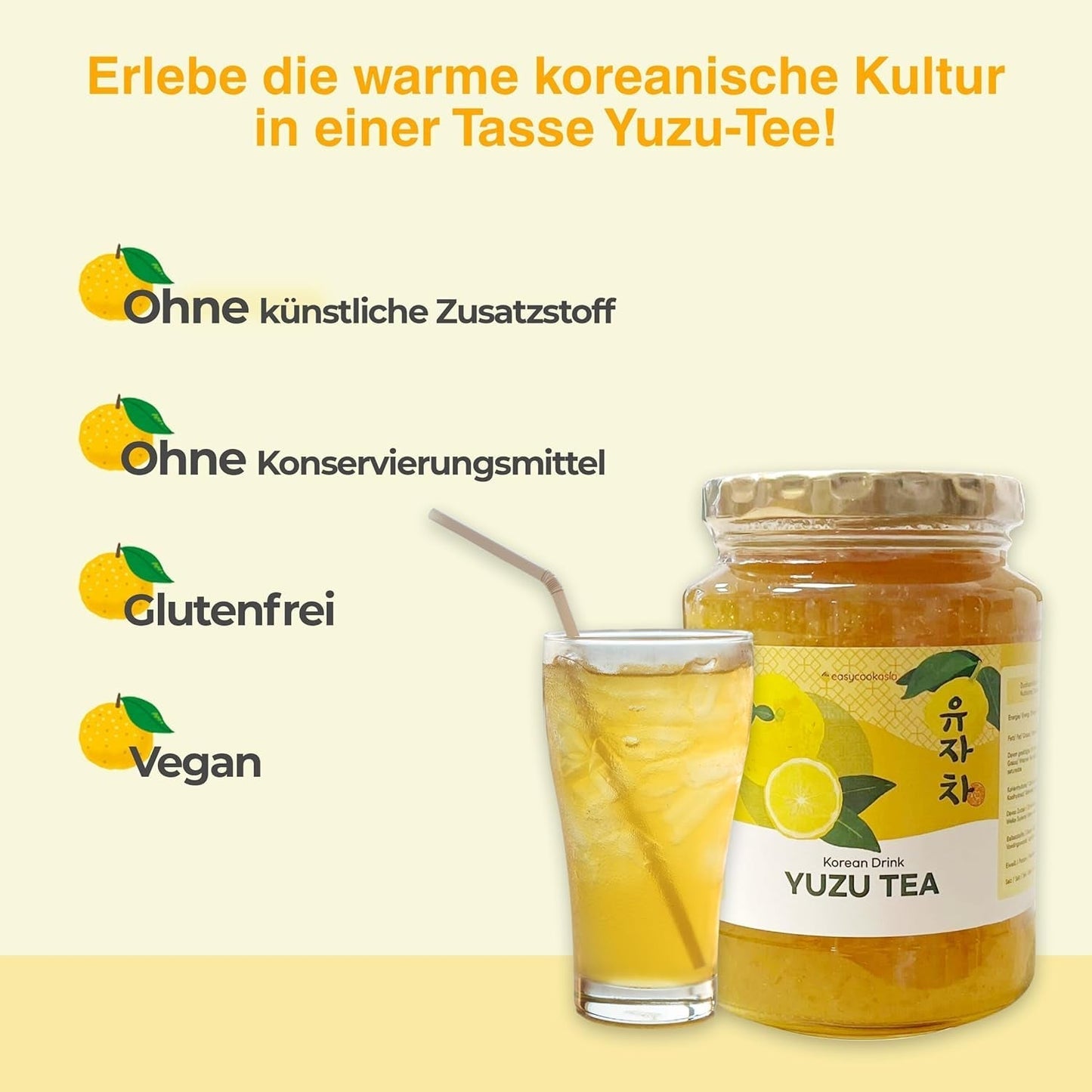 Easycookasia Korean Drink – Ceai Yuzu | Fructat, dulce și citric | Cu vitamina C | Pentru ceai, limonadă, cocktailuri și deserturi | Descoperă cultura asiatică a ceaiului (500 g)