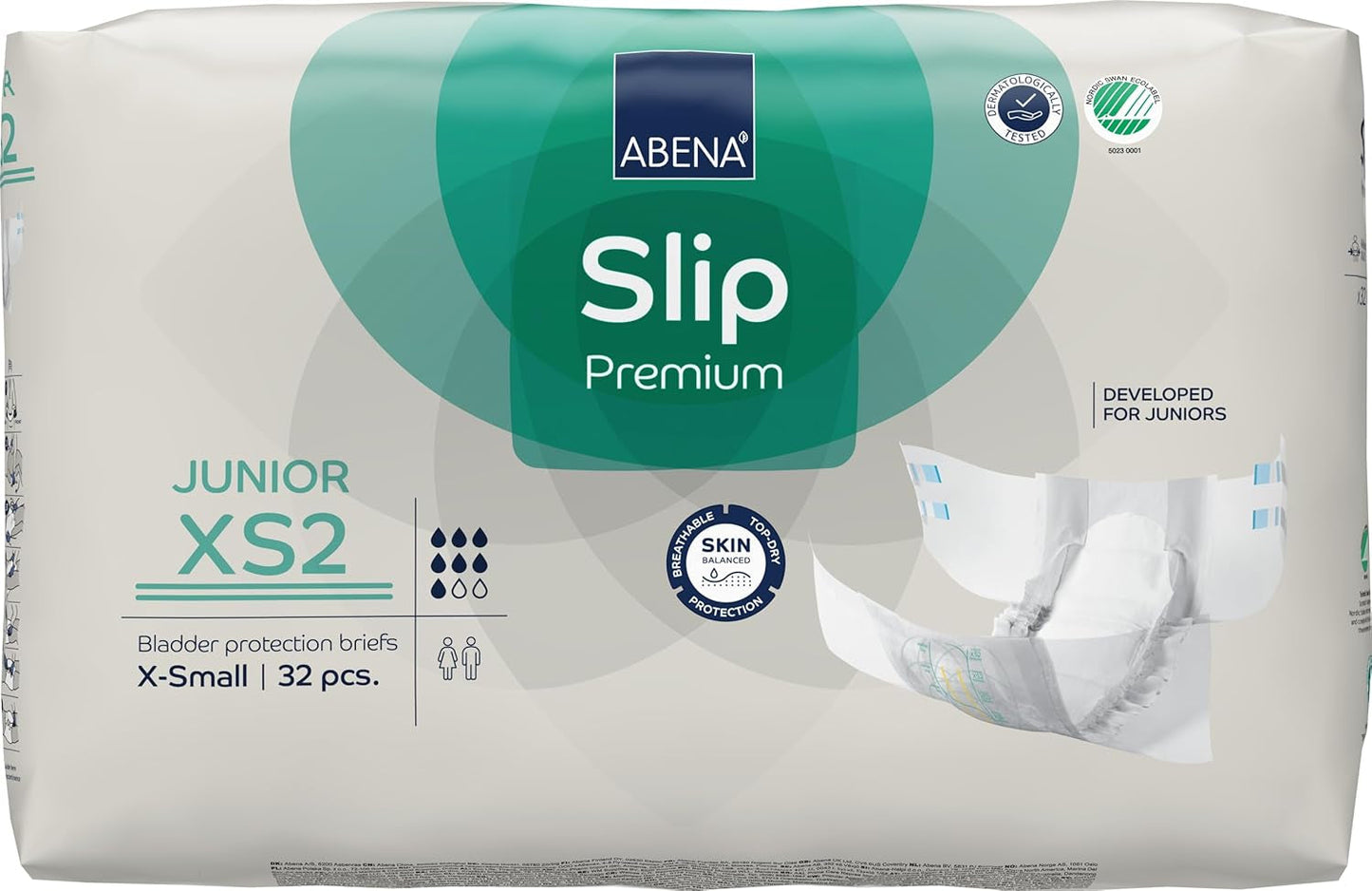 Scutece Slip Premium Junior, etichetate ecologic, protecție îmbunătățită împotriva scurgerilor, scutece sigure și confortabile pentru copii – Mărimea 7/XS2, circumferința taliei 40–60 cm, vârste 5–15 ani, 1 x 32 bucăți