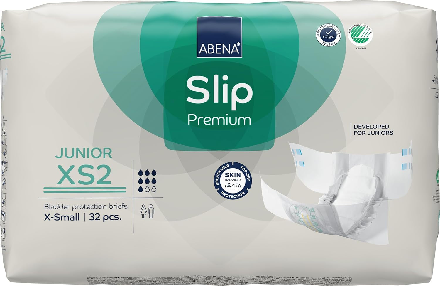 Scutece Slip Premium Junior, etichetate ecologic, protecție îmbunătățită împotriva scurgerilor, scutece sigure și confortabile pentru copii – Mărimea 7/XS2, circumferința taliei 40–60 cm, vârste 5–15 ani, 1 x 32 bucăți