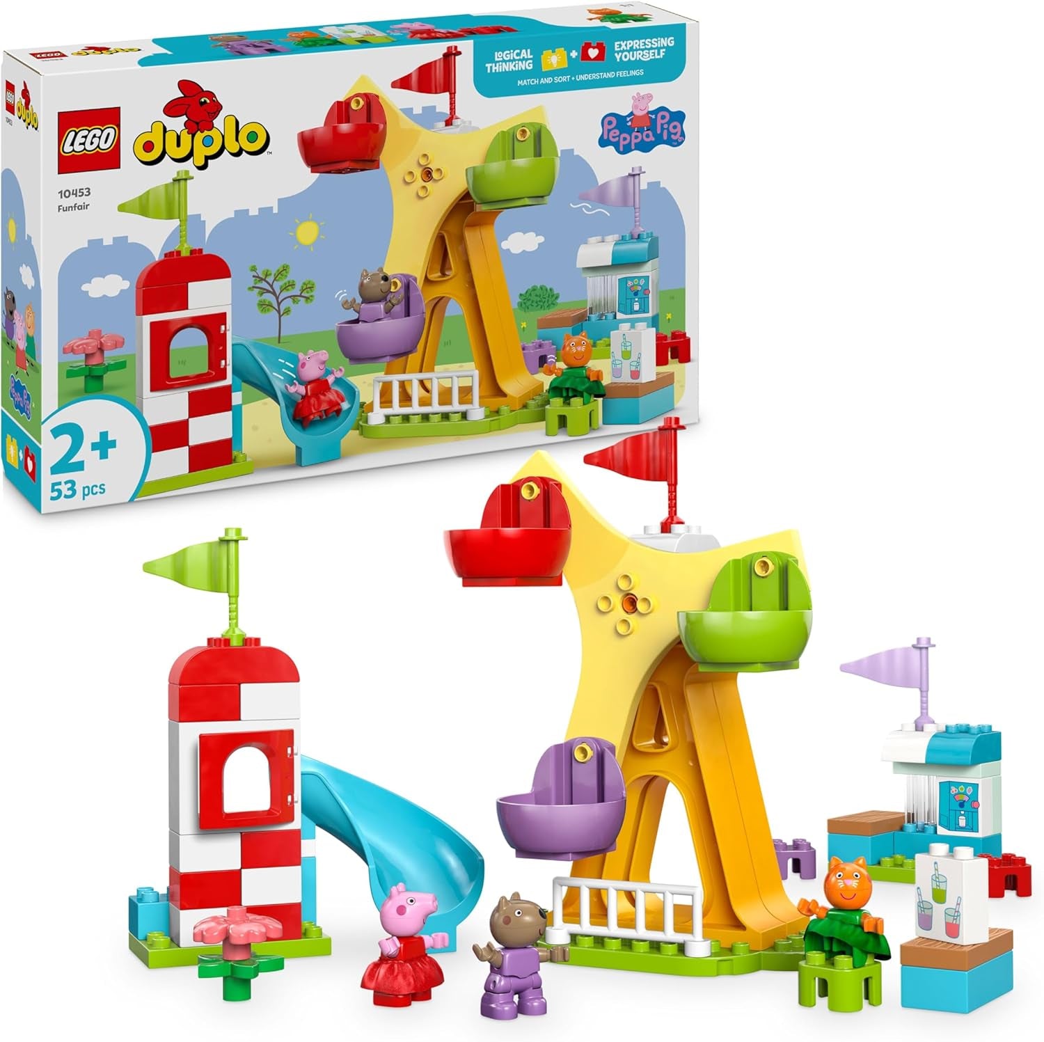 LEGO DUPLO Peppa Wutz Fairground - Jucării pentru copii și jucării pentru abilități motorii pentru vârsta de 2+ - Jocuri preșcolare cu roată mare, tobogan și 3 figuri, inclusiv Mollie Kitty și Klausi Kläff - Cadou pentru copii 10453 Seturi de constructie Besuche den LEGO-Store Titlu implicit