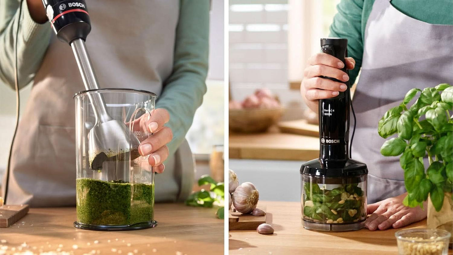Bosch Stabmixer Ergomaster Serie 4, 1000 Watt, Edelstahl-Mixstab, Zerkleinerer, Mix-/Messbecher, Schwarz Bucatarie Naty Shop