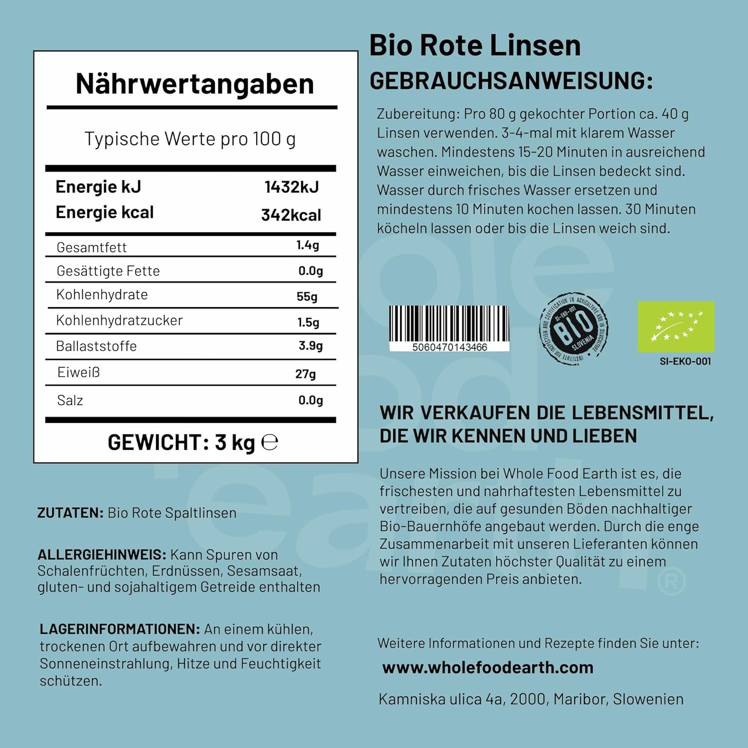Linte roșie despicată organică Wholefood Earth 3 kg fără OMG Vegan Bogat în fibre Bogat în proteine Din agricultură organică controlată