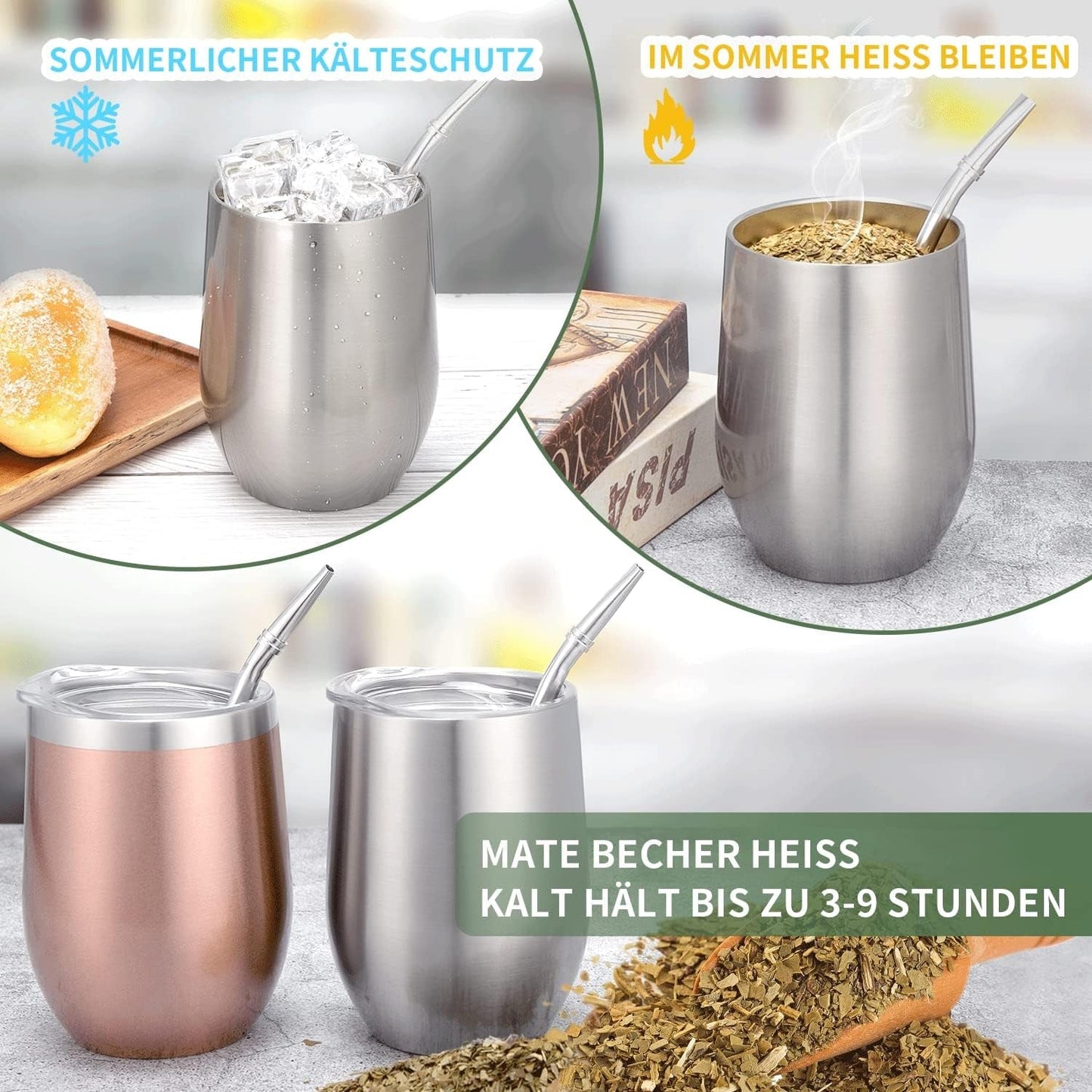Cana modernă pentru mate 340 ml, set de căni pentru yerba mate din oțel inoxidabil cu pereți dubli izolați, cană pentru ceai mate cu capac fără BPA, bombillas și o perie de curățare (argintiu)