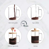 Cafetieră franceză, presă de cafea, aparat de cafea cu piston, ibric francez pentru cafea filtrată, 3 cești, 0,35 l, oțel și lemn