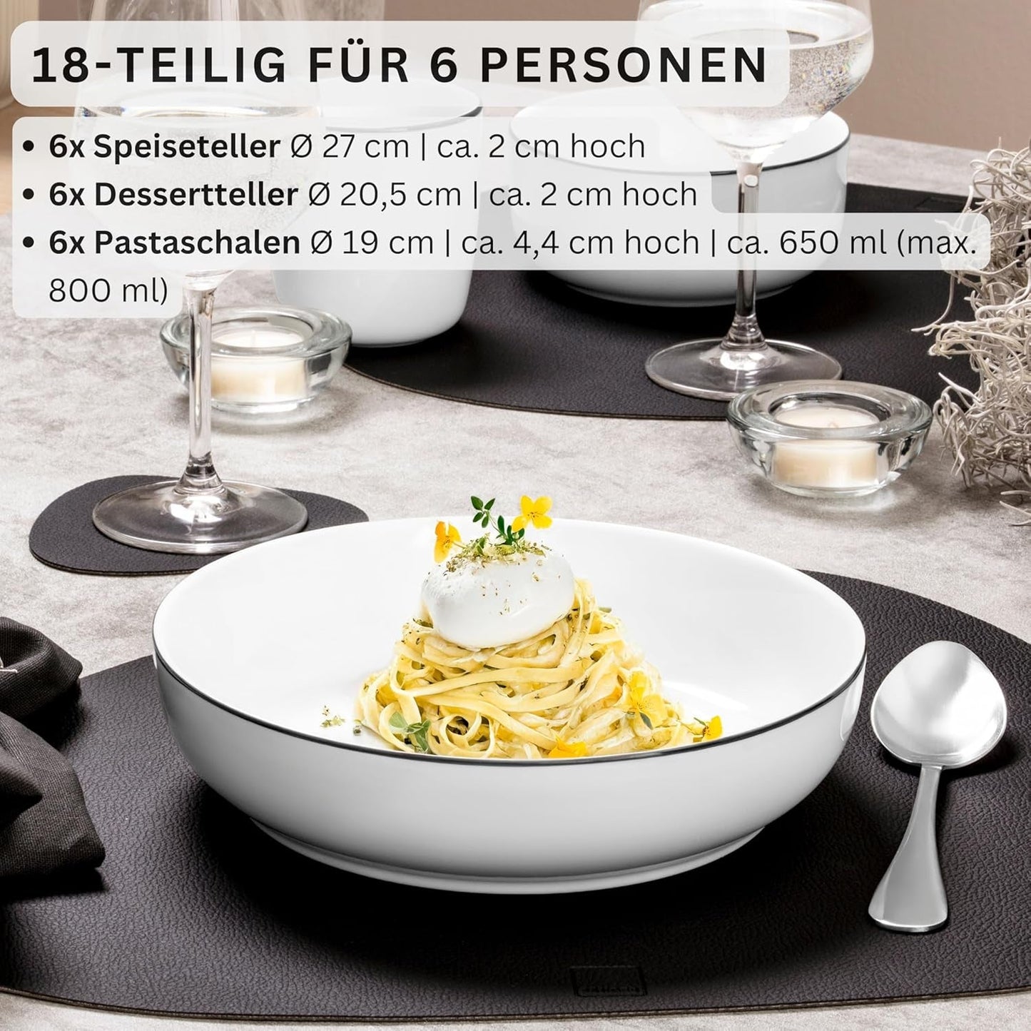 SÄNGER | Set de veselă Marlo cu margine neagră și albă, Set de veselă din porțelan cu 18 piese pentru 6 persoane, Alb cu accente negre, Farfurii de cină, Farfurii și boluri pentru desert, Design modern | COLECȚIA PREMIUM